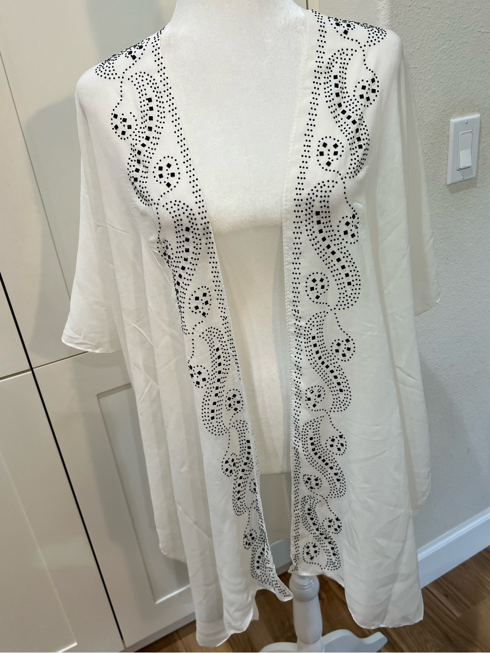 White Sheer Rhinestone Kimono Cover Up Open Front Boho One Size